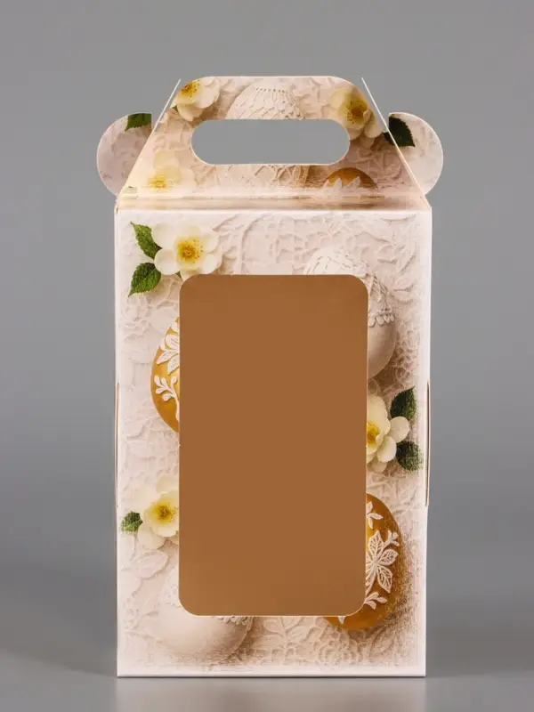 Коробка подарочная пасхальная с окном и с ручкой, бежевый, 10&times;10&times;15 см