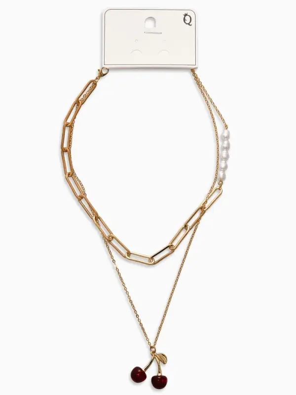 Кулон-цепь 2 яруса "Вишня", цвет бордовый в золоте 40+50+удл