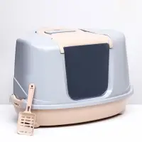 Туалет-домик угловой для кошек, 57&times;46&times;37 см, закрытый, с дверцей, бежевый, серый