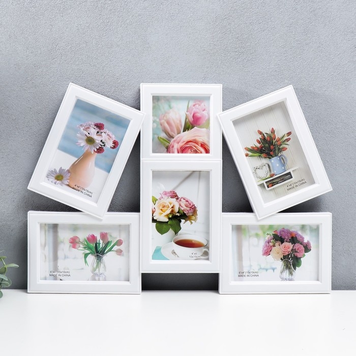 Фоторамка пластик на 6 фото 10х10, 10х15 см  Фоторамка пластик на 6 фото 10х10, 10х15 см "Ломанные линии" белая 33х48 см