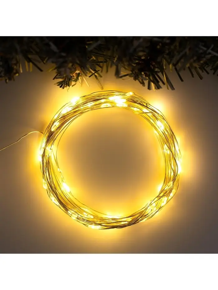 Гирлянда &laquo;Нить&raquo; 10 м, роса, IP20, серебристая нить, 100 LED, свечение тёплое белое, 12 В