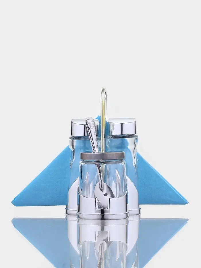 Набор для специй Доляна &laquo;Стиль&raquo;, 3 предмета: сахарница с ложкой 80 мл, солонка и перечница 50 мл, подставка-салфетница, стекло, прозрачный