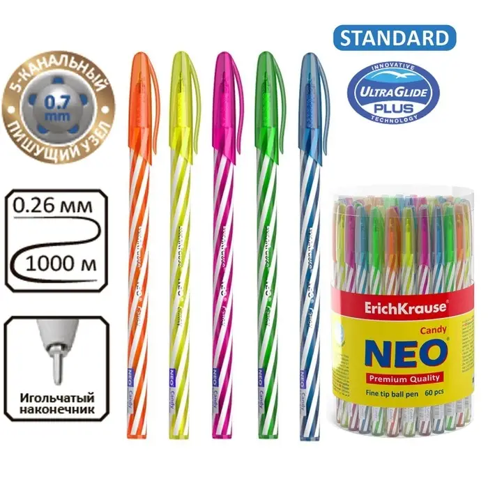 Ручка шариковая ErichKrause Neo Candy, игольчатый узел 0.7 мм, чернила синие, супермягкое письмо, длина линии письма 1000 метров, МИКС Ручка шариковая ErichKrause Neo Candy, игольчатый узел 0.7 мм, чернила синие, супермягкое письмо, длина линии письма 1000 метров, МИКС
