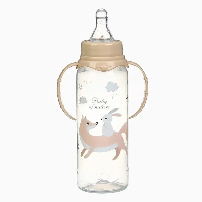 Бутылочка для кормления, от 3 мес., 250 мл, цилиндр, с ручками, бежевый &laquo;Лесные друзья&raquo; Крошка Я