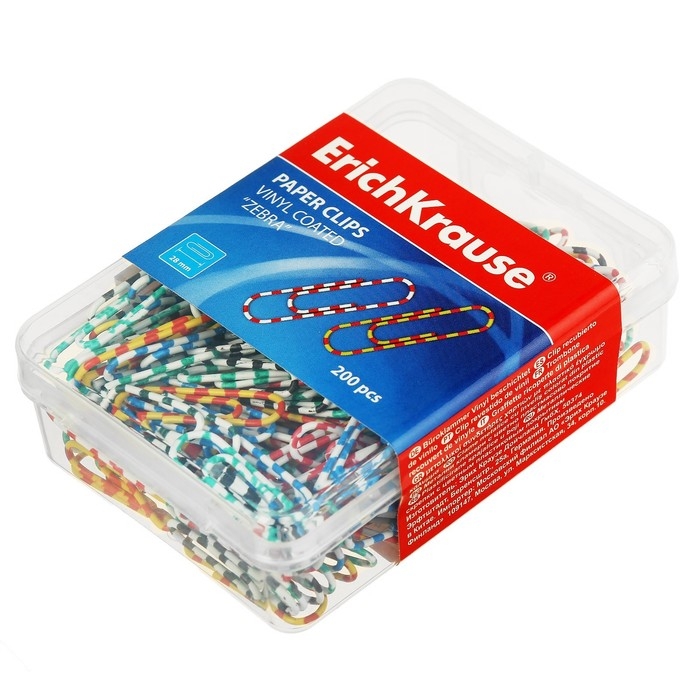 Скрепки канцелярские 28 мм, цветные, 200 штук Erich Krause  Скрепки канцелярские 28 мм, цветные, 200 штук Erich Krause "Зебра", с виниловым покрытием, пластиковый бокс