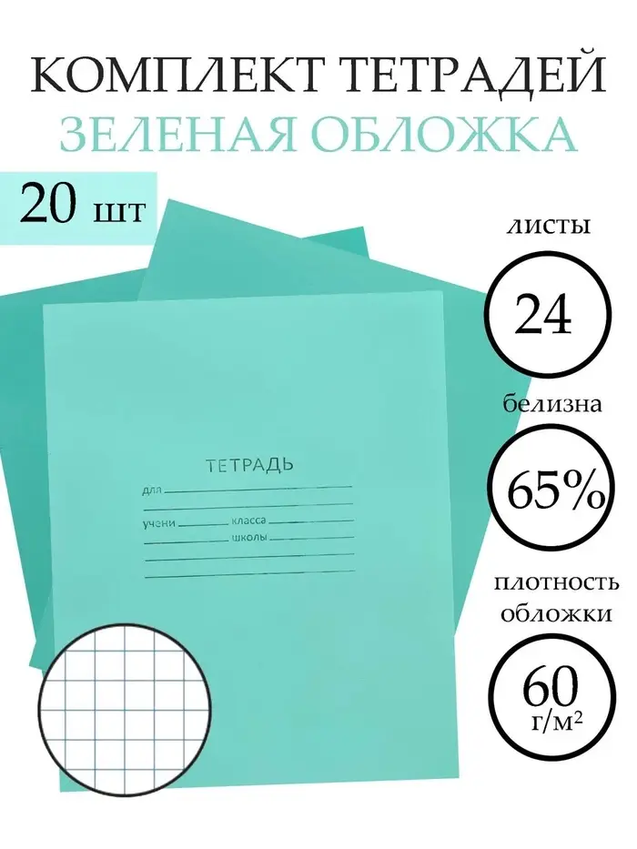 Набор тетрадей &laquo;Зелёная обложка&raquo; 20 штук, 24 листа в клетку, эконом, плотность 60 г/м&sup2;