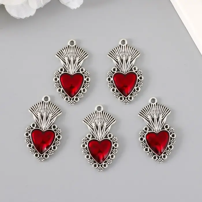 Декор для творчества металл "Красное сердце корона" серебро эмаль 3,6х2 см