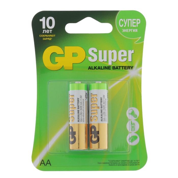Батарейка алкалиновая GP Super, AA, LR6-2BL, 1.5В, блистер, 2 шт. Батарейка алкалиновая GP Super, AA, LR6-2BL, 1.5В, блистер, 2 шт.