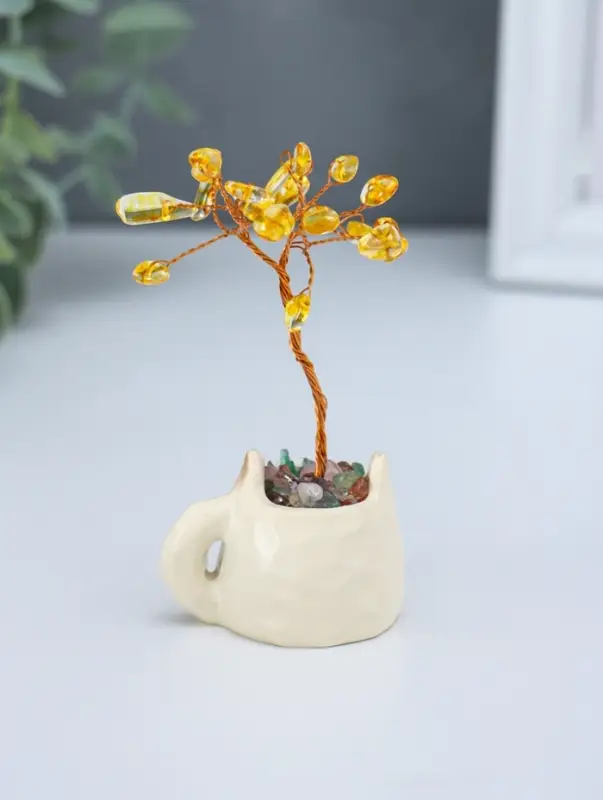 Сувенир "Котик-кружка и жёлтое дерево" 12 камней 3,5х4,7х7,5 см