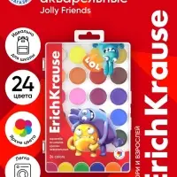Акварель ErichKrause Jolly Friends, 24 цвета, матовые насыщенные цвета, пластиковая коробка с европодвесом