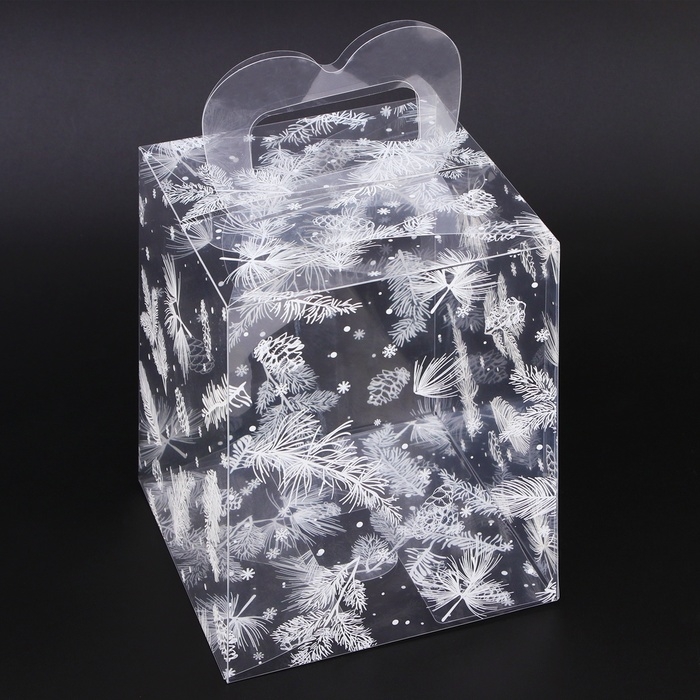 Новый год. Коробка подарочная новогодняя складная ПВХ Новый год. Коробка подарочная новогодняя складная ПВХ "Новогодние веточки" 12 х 12 х 15 см.