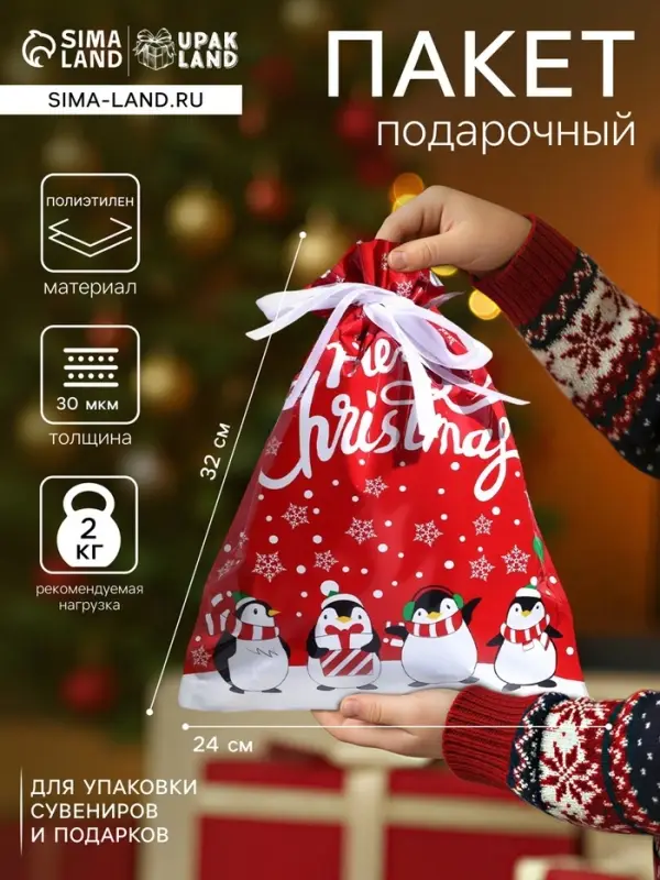 Пакет подарочный новогодний с завязками, &laquo;Пингвины&raquo;, 24&times;32 см