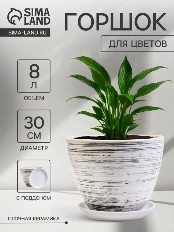 Горшок для цветов &laquo;День &raquo;, 8 л, d=30 см, h=23 см, с поддоном, керамический, белый