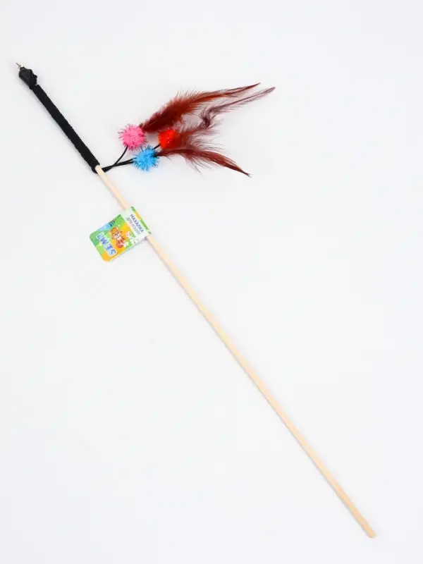 Дразнилка - удочка "Салют из перьев с шариками" на деревянной палочке с бубенчиком
