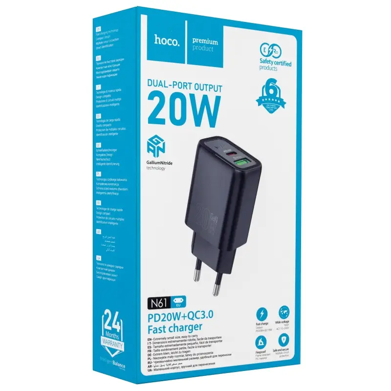 Переходник сетевого зарядного устройства на Type-C PD20W + USB QC3.0 N61 HOCO черный