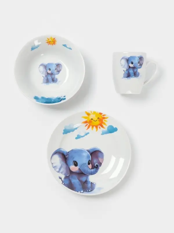 Набор детской посуды Дулевский фарфор &laquo;Слоник&raquo;, 3 предмета: тарелка 175 мл, миска 360 мл, кружка 210 мл, белый