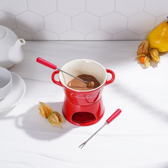 Набор керамический для фондю «Лакомка», 300 мл, 2 шпажки, цвет красный Набор керамический для фондю «Лакомка», 300 мл, 2 шпажки, цвет красный