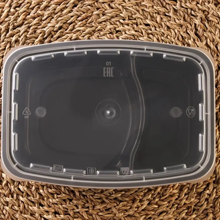 Контейнер одноразовый с крышкой, пластик, 830 мл, 2 секции, чёрный