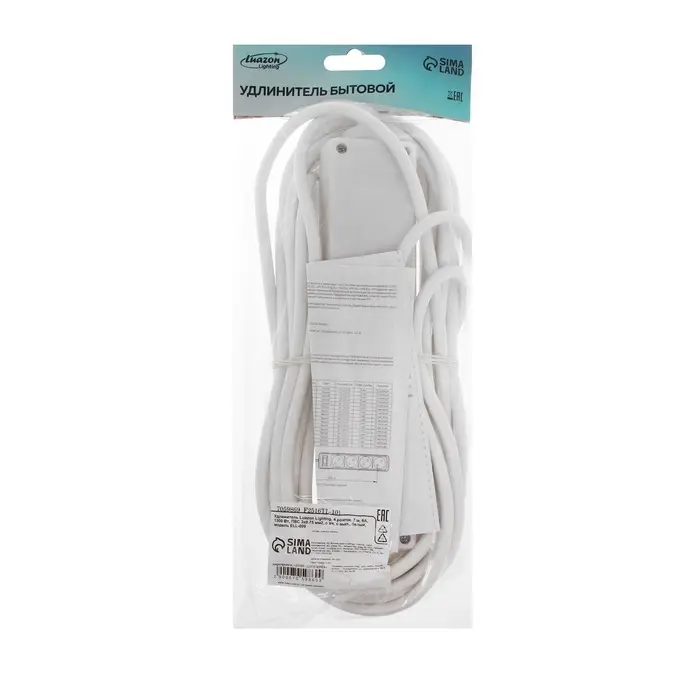 Удлинитель Luazon Lighting, 4 розетки, 7 м, 10 А, 2200 Вт, 3&times;0.75 мм2, с заземлением, с выключателем, белый