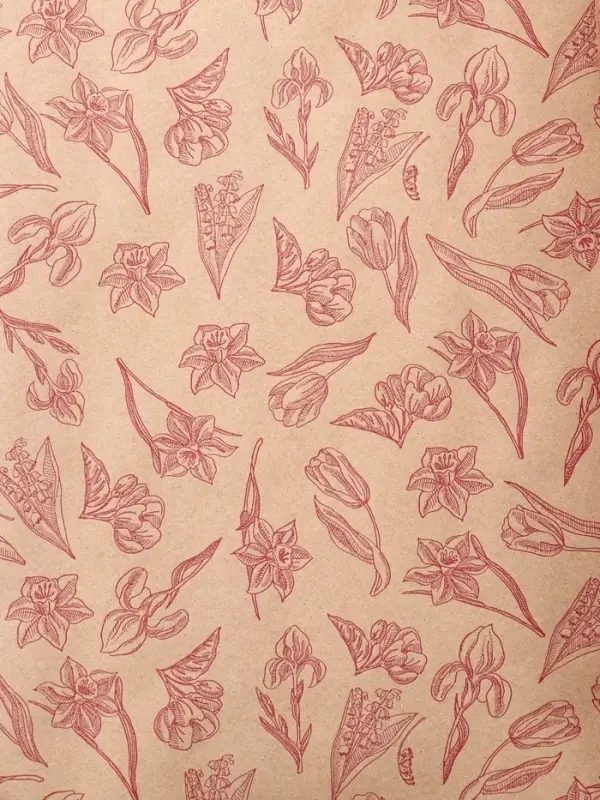 Крафт бумага "Ирисы" красный цв. на коричневом фоне 0,72 х 10 &plusmn;5% м, 60 гр