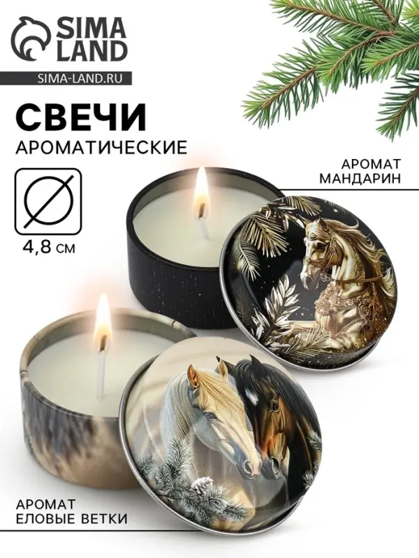 Свечи в железной банке &laquo;Лошади&raquo;, аромат мандарин и еловые ветки, диам 4.8 см, 2 шт.