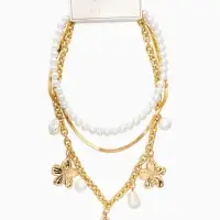 Колье медь "Жемчуг с цветами" (набор 3шт), 34/36/40см цвет белый в золоте