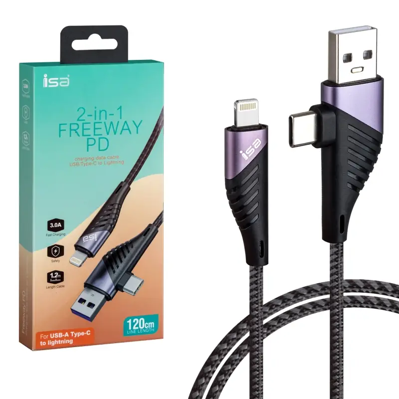 *Кабель 2 в 1 USB/Type-C на Lightning 3А PD Freeway 1.2м ISA U95 *Кабель 2 в 1 USB/Type-C на Lightning 3А PD Freeway 1.2м ISA U95