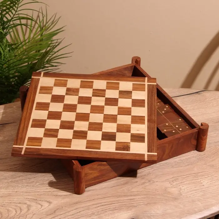 Игра настольная 3 в 1, шахматы, домино, кубики, доска 35&times;35 см, дерево шишам