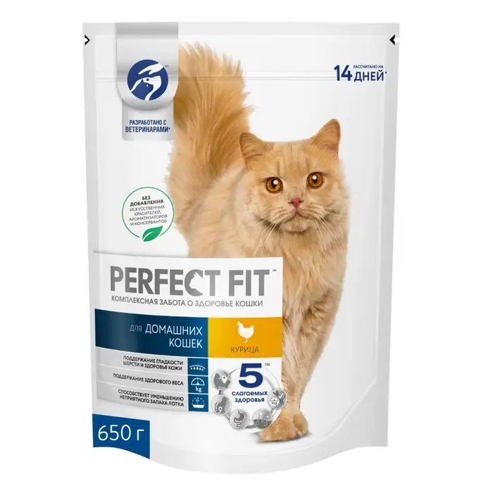 Сухой корм Perfect Fit для домашних кошек, курица, 650 г