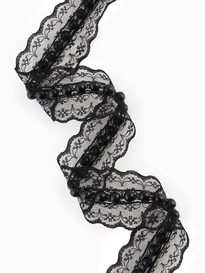 Рюш кружевной, с бусинами, 40 мм, 4.5&plusmn;0.5 м, чёрный