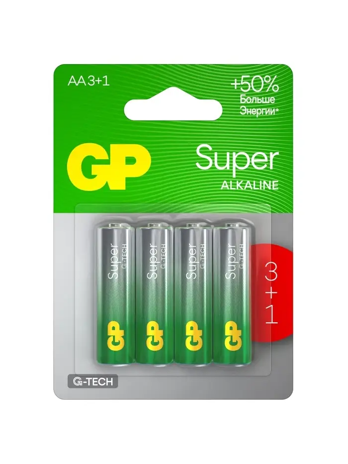 Батарейка алкалиновая GP Super, AA, LR6-4BL, 1.5 В, блистер, 3+1 шт.