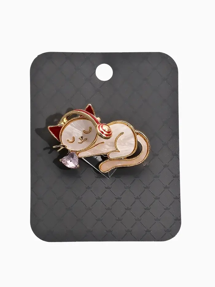 Брошь перламутровый "Котёнок" в наушниках, цвет белый в золоте