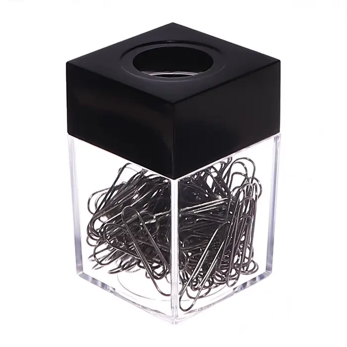 Скрепочница квадратная с магнитом прозрачная пластик, скрепки 28 мм-100 штук