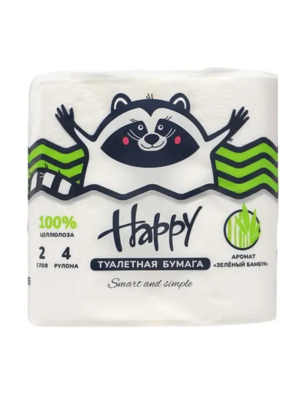 Туалетная бумага HAPPY со втулкой, аромат бамбук, 2 слоя, 4 рулона