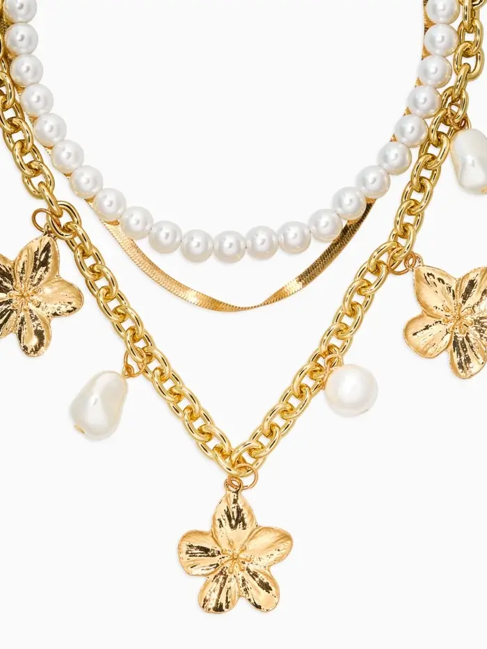 Колье медь "Жемчуг с цветами" (набор 3шт), 34/36/40см цвет белый в золоте