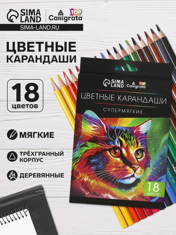 Карандаши Calligrata, цветные, 18 цветов, супермягкие, диаметр грифеля - 3 мм, 5B
