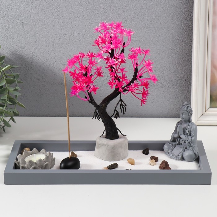 Сад Дзен  Сад Дзен "Будда медитирует у сакуры" песок+камни+аромапалочка+свеча32х13х22 см