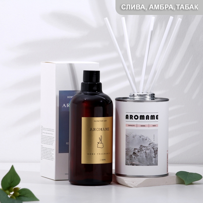Набор диффузор ароматический Набор диффузор ароматический "Aromame", слива, амбра, кожа, табак, 500 мл, круглая банка