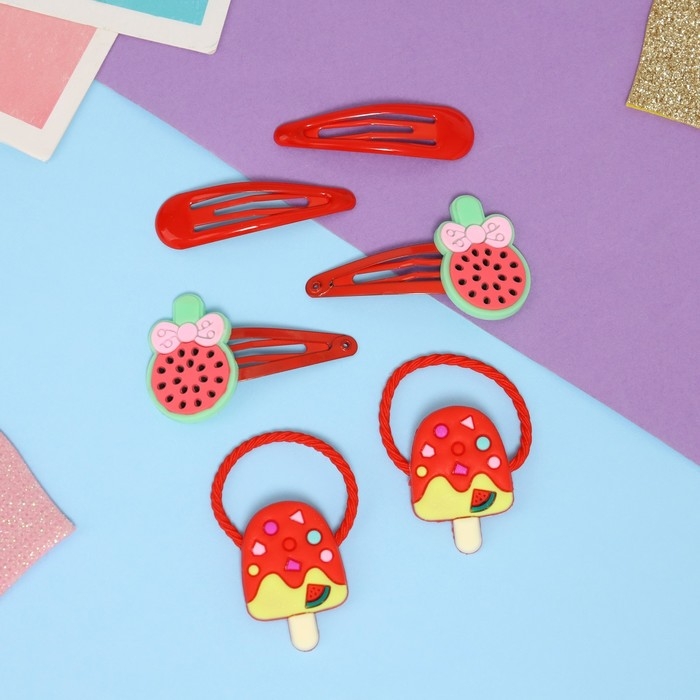 Набор для волос Набор для волос "Ширли" (2 резинки 5 см, 4 невидимки 5,5 см) мороженое, красный