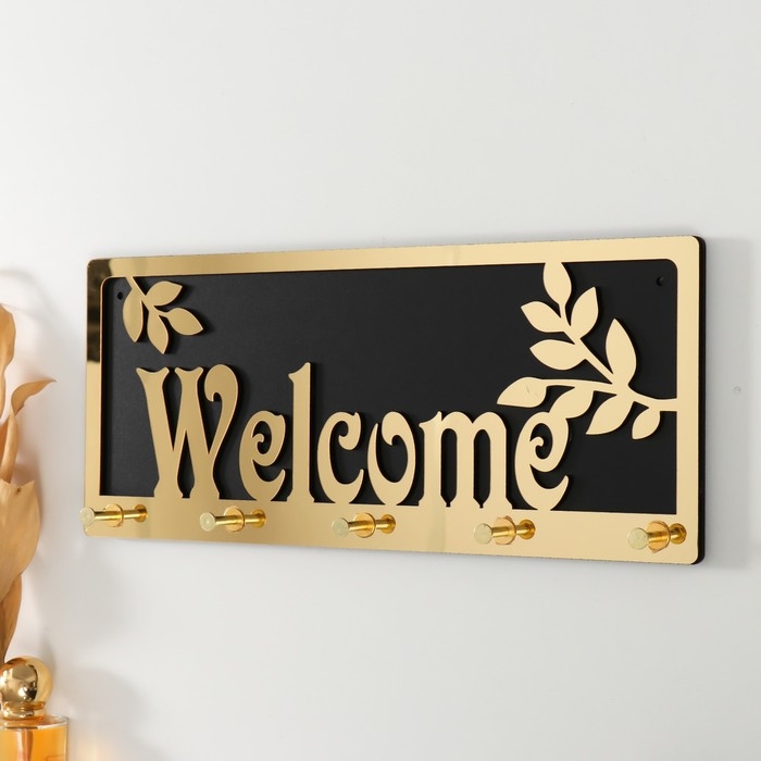 Крючки декоративные дерево Крючки декоративные дерево "Добро пожаловать" чёрный, зеркальный 3,1х34х14,4 см