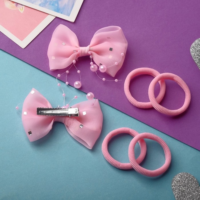 Набор для волос Набор для волос "Карапунька" (2 зажима, 4 резинки) бантик бусины, розовый