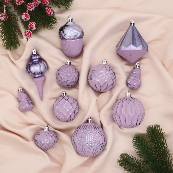 Ёлочные игрушки, пластик, набор 11 шт &laquo;Киссин&raquo; сиреневый