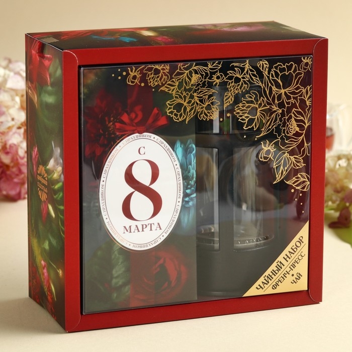 Набор «С 8 марта»: чай чёрный со вкусом мяты 100 г., френч-пресс Набор «С 8 марта»: чай чёрный со вкусом мяты 100 г., френч-пресс