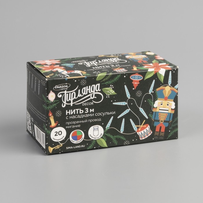 Гирлянда «Нить» 3 м с насадками «Сосульки 7,5 см», IP20, прозрачная нить, 20 LED, свечение мульти (RG/RB), мигание, USB Гирлянда «Нить» 3 м с насадками «Сосульки 7,5 см», IP20, прозрачная нить, 20 LED, свечение мульти (RG/RB), мигание, USB