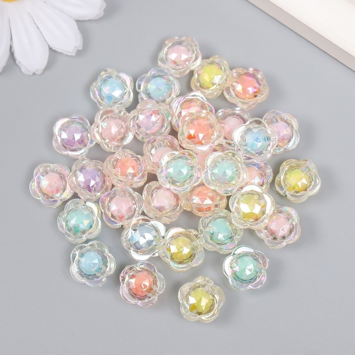 Бусины пластик "Цветок с гранями - внутренний цвет ассорти" МИКС 20 гр 1,2х1,2х0,7 см