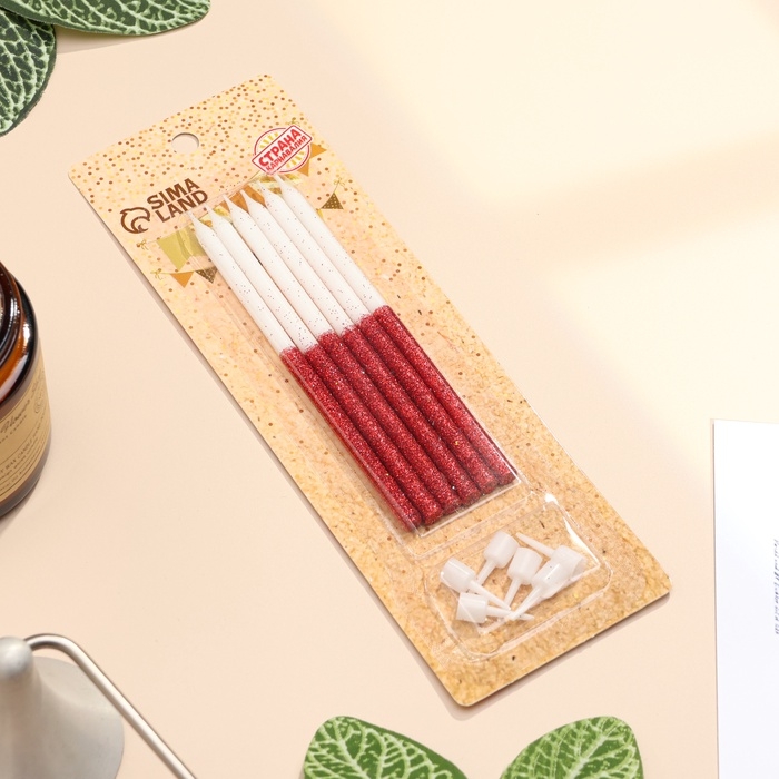 Свечи для торта Свечи для торта "Блестящее сияние", 6 шт, белые с красным