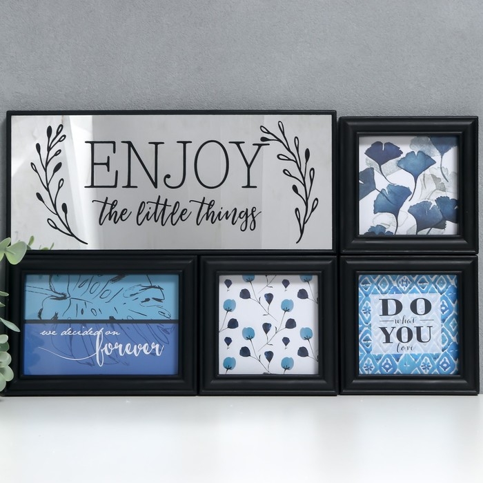 Фоторамка на 4 фото 10х10, 10х15 см+зеркало  Фоторамка на 4 фото 10х10, 10х15 см+зеркало "Наслаждайся мелочами" чёрная н-р 5 шт 26х44 см