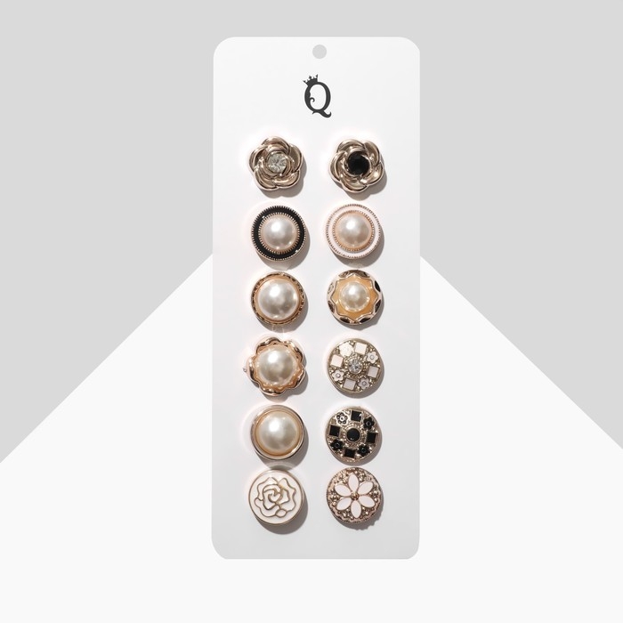 Набор значков (12 шт.) «Пуговицы» кокетка, форма МИКС, цвет чёрно-белый в золоте Набор значков (12 шт.) «Пуговицы» кокетка, форма МИКС, цвет чёрно-белый в золоте