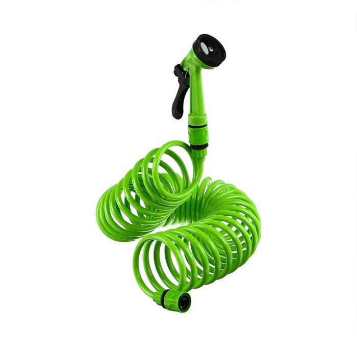 Шланг поливочный спиральный, 10 м, быстросъёмный, с поливочным пистолетом и штуцером, зелёный, Greengo Шланг поливочный спиральный, 10 м, быстросъёмный, с поливочным пистолетом и штуцером, зелёный, Greengo