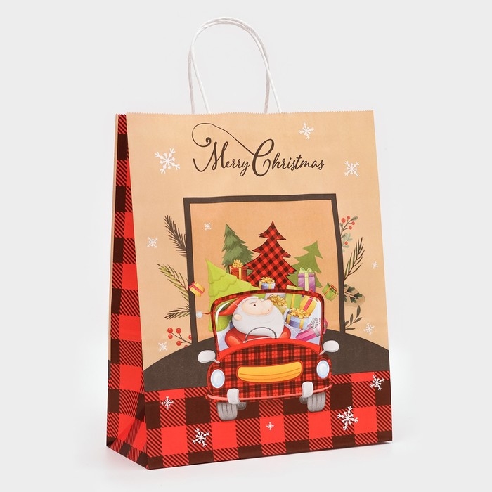 Новый год. Пакет бумажный подарочный новогодний крафт Новый год. Пакет бумажный подарочный новогодний крафт "Машина с подарками", 33 × 26 × 12 см.